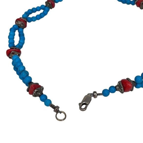 Beaded Necklace Pendant 3 Rings Blue Red Gold 10 Inches - Picture 5 of 8